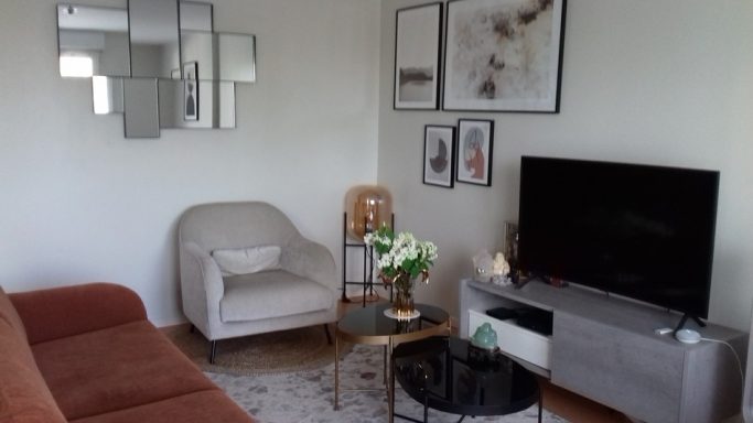 Salon moderne avec un canapé marron, table basse, télévision et décor mural.