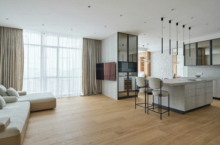 Salon moderne avec cuisine ouverte, éclairage naturel et mobilier minimaliste.