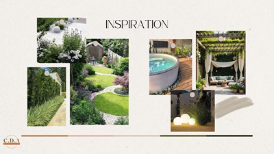 Planche d'inspiration créée par CD&A pour l'aménagement d'un jardin. Photos de jardins avec des aires arrondies, des boulles d'éclairage