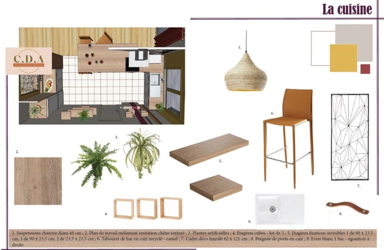 Représentation d'une planche mobilier pour une cuisine moderne avec éléments de décoration, mobilier, plantes et matériaux.