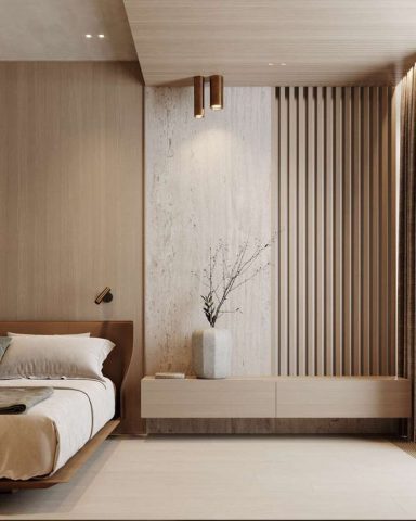 Chambre minimaliste avec murs en bois et vase décoratif.