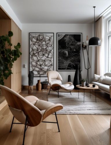 Intérieur moderne avec fauteuil design, table basse, et œuvres d'art sur les murs.