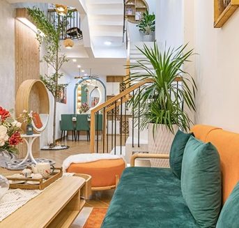 séjour très coloré en orange et vert avec des plantes d'interieur à différents endroits stratégiques de la pièce.