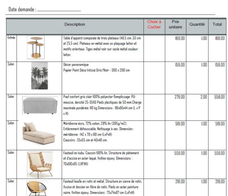 Tableau pour shopping liste avec du mobilier varié incluant une table, un canapé et des chaises en bois et tissu.