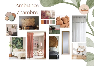 Planche d'ambiance créée par CD&A pour la décoration d'une chambre d'adulte dans le style bohème. Couleurs chaudes de vert tendre et rose