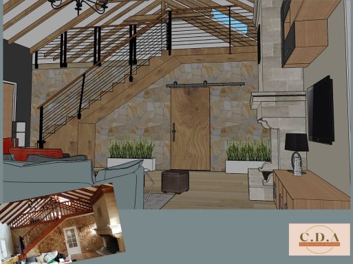 3D plan salon et mezzanine sous pente. Escalier en bois et rambarde + garde corps en métal noir