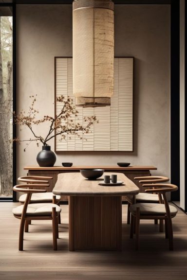 Table en bois clair avec des chaises, vase noir et lampe suspendue dans un décor minimaliste.