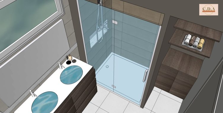 Salle de bain moderne avec douche vitrée et meuble sous-vasque.
