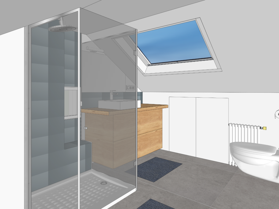 Conception 3D de la nouvelle organisation salle de bains - Projet déco Chelles 3D d'une salle de bain sous combles-murs blancs, douche en carrelage bleu, meuble vasque à deux tiroirs en bois clair. WC suspendu en face.