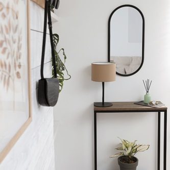 Décoration intérieure d'entrée de maison ou appartement avec un meuble, un miroir, une lampe et des plantes décoratives.