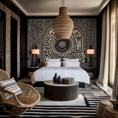 Chambre moderne avec des murs noirs décorés, lit confortable et mobilier en rotin.