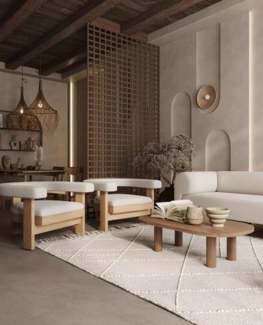 Intérieur moderne avec des meubles en bois, un canapé blanc et une décoration minimaliste.