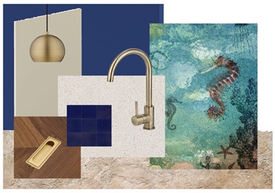 Éléments de décoration intérieure incluant des textures, couleurs, et un hippocampe.