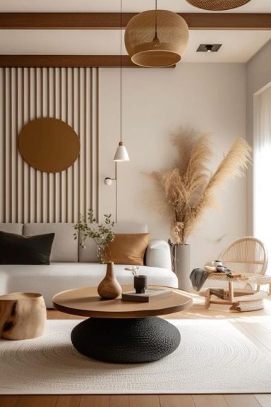 Salon moderne aux teintes douces, avec canapé, table ronde et éléments décoratifs naturels.