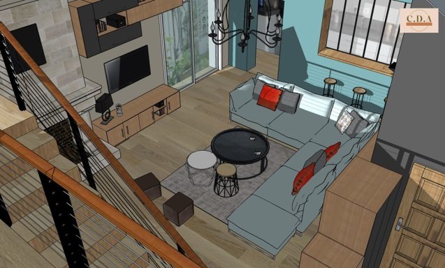 3D Vue sur salon depuis la mezzanine