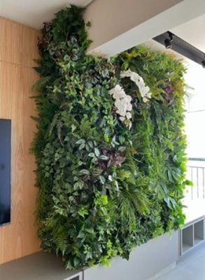 composition d'un mur végétal dans un salon à coté d'une télé que l'on distingue sur le coté gauche