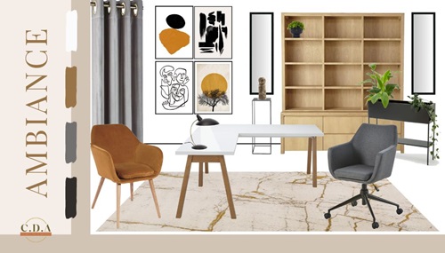 Planche d'ambiance créée par CD&A pour la décoration d'un bureau dans les ton de marron caramel, gris et clair