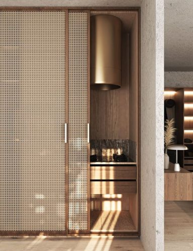 Cuisine moderne avec des éléments en bois et un intérieur minimaliste.