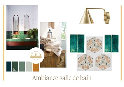 Planche d'ambiance créée par CD&A pour la rénovation d'une cuisine en Charente Maritime. Effet ancien avec bois, zelliges verts et laiton.