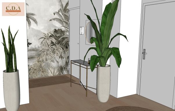 Entrée moderne avec des plantes, un miroir et une décoration murale tropicale.