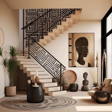 Escalier moderne avec décor mural, plantes, et objets d'art dans un intérieur lumineux.