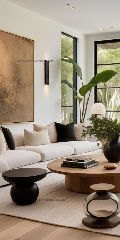 Salon moderne avec canapé beige, table en bois, plantes et décor minimaliste.