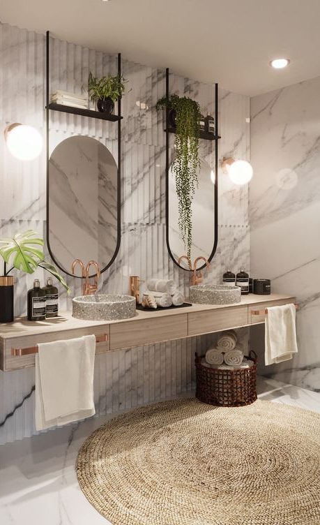 déco salle de bain plan vasque suspendu et grand miroirs métal noir
