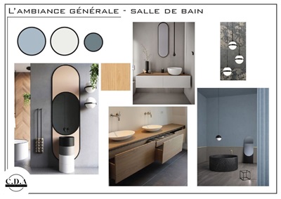 Planche d'ambiance créée par CD&A pour la rénovation d'une salle de bain sous combles. Couleurs bleu, gris et blanc