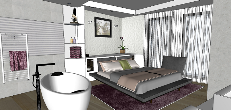 Chambre moderne avec lit confortable, baignoire et décor minimaliste.