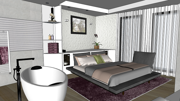 3D d'une chambre moderne avec lit, baignoire sur socle, et murs en verre.