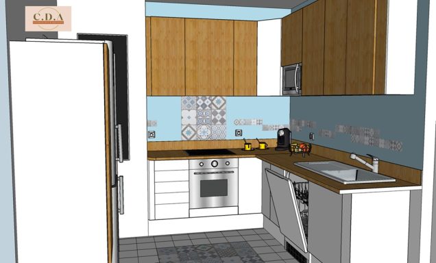 3D cuisine moderne blanche et bois sur murs bleu clair + carrelage effet carreaux de ciment repris en crédence